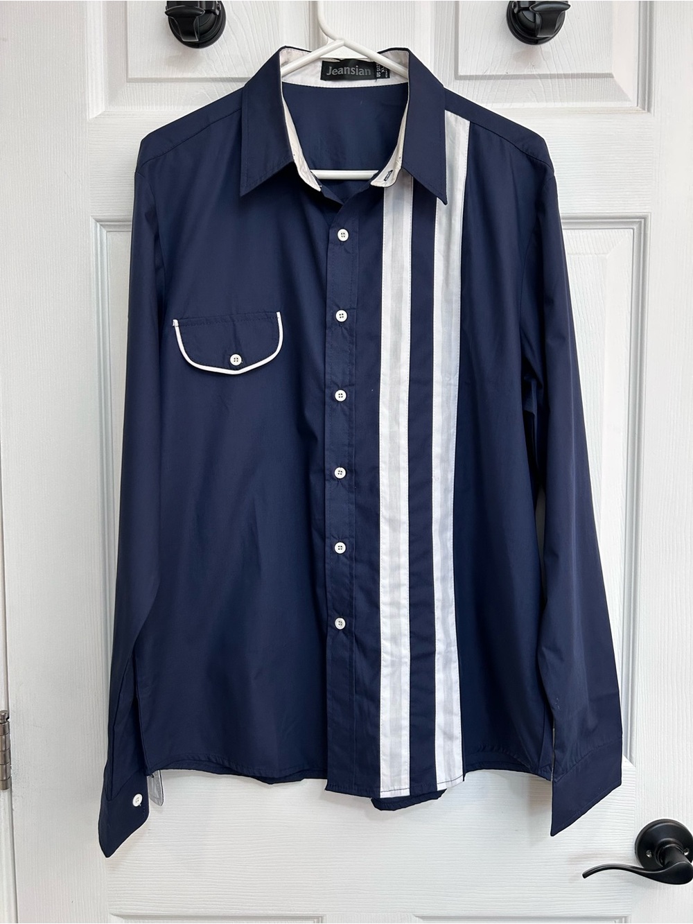 Navy Button-Down Shirt with White Stripe Detail